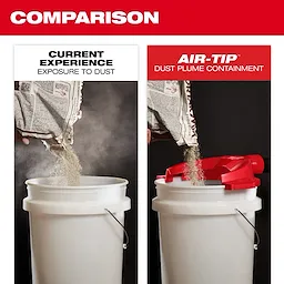 Comparison of dust containment: left shows exposed dust while pouring into a bucket, right shows contained dust using AIR-TIP Bucket Topper Dust Collector.