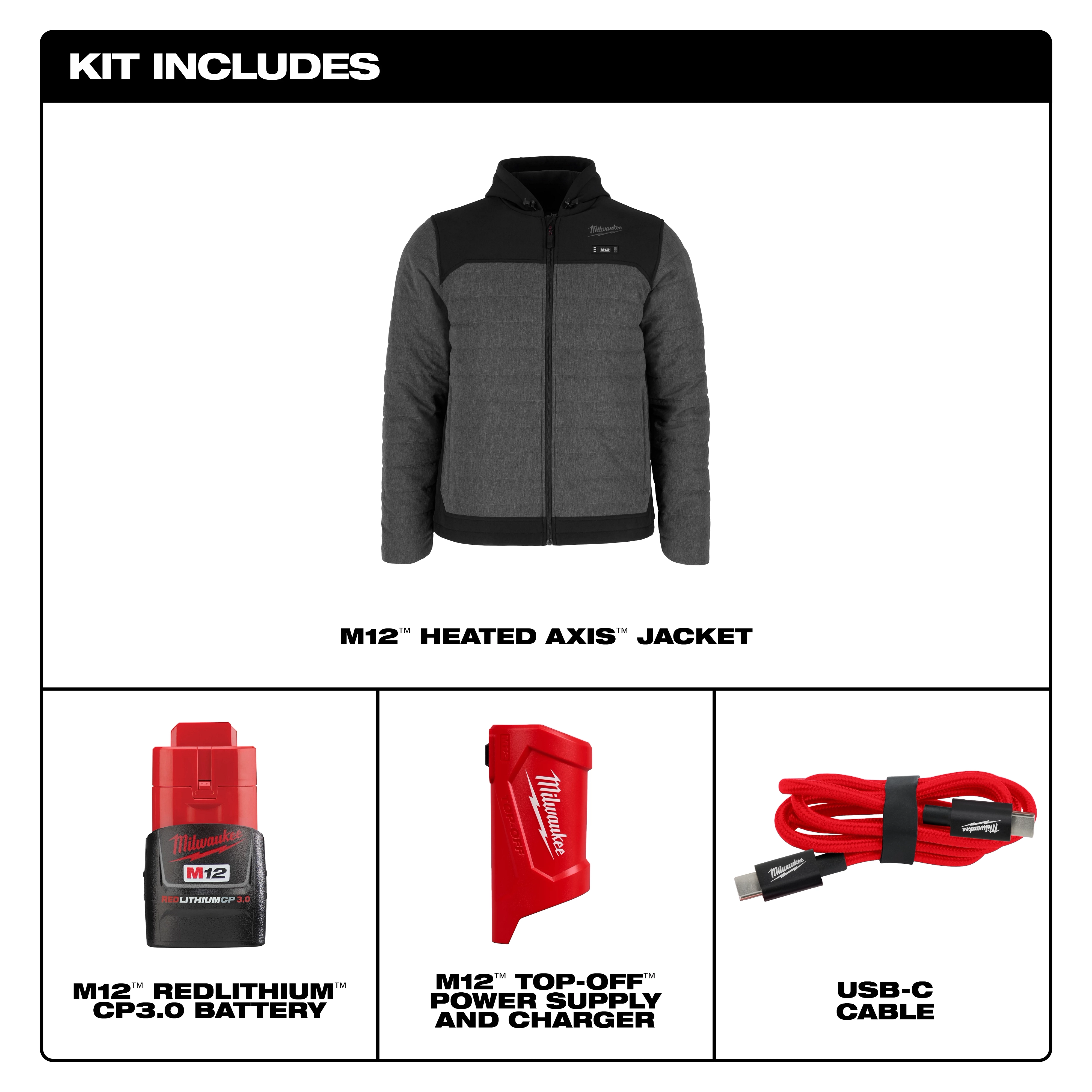The M12 Heated AXIS Jacket kit includes a heated jacket, M12 Redlithium CP3.0 battery, M12 Top-Off power supply and charger, and USB-C cable.