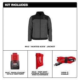 The M12 Heated AXIS Jacket kit includes a heated jacket, M12 Redlithium CP3.0 battery, M12 Top-Off power supply and charger, and USB-C cable.