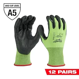 12PK Cut Level 5 Polyurethane Dipped Gloves - XL are green and black work gloves with high cut resistance, available in 12 pairs.