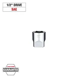 The image shows a Milwaukee 1/2" drive SAE socket. Text above the socket reads "1/2" Drive" and "SAE". There is a "Lifetime Guarantee" badge at the bottom left corner of the image. The socket is shiny and metallic with the size and brand name engraved on its surface.