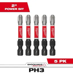 The image shows SHOCKWAVE™ 2" Impact Phillips #3 Power Bits (5 PK), displayed in a row. Each bit features a red Milwaukee label and a black base marked with "PH 3." Text on the image includes "2" Power Bit," "SHOCKWAVE Impact Duty," and "5 PK" in red and white.