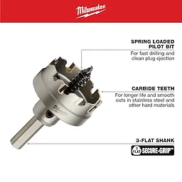 The 1 3/4 in. Carbide Hole Cutter (1 Pack) features a spring-loaded pilot bit for fast drilling and plug ejection, carbide teeth for durability, and a 3-flat shank for secure grip.