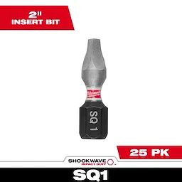 The image shows the SHOCKWAVE™ 1" Impact Duty Square Recess #1 Insert Bits Bulk 25 pack. A single bit is centered, with "SQ 1" inscribed on it. Red labels on white backgrounds indicate "2" INSERT BIT" at the top left, and "25 PK" at the bottom right.