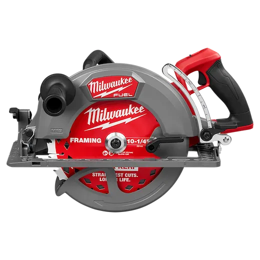 Milwaukee M18 FUEL 10-1/4" Rear Handle Circular Saw features a red and gray body with a sharp blade, used for precise wood cutting.