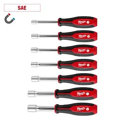 7pc SAE HollowCore Magnetic Nut Driver Set includes seven red and black-handled nut drivers with varying socket sizes, arranged in a row.