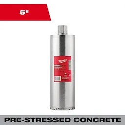 Milwaukee 5" Pre-Stressed Diamond Wet Core Bit for concrete drilling, featuring a metal cylindrical body and a red label.