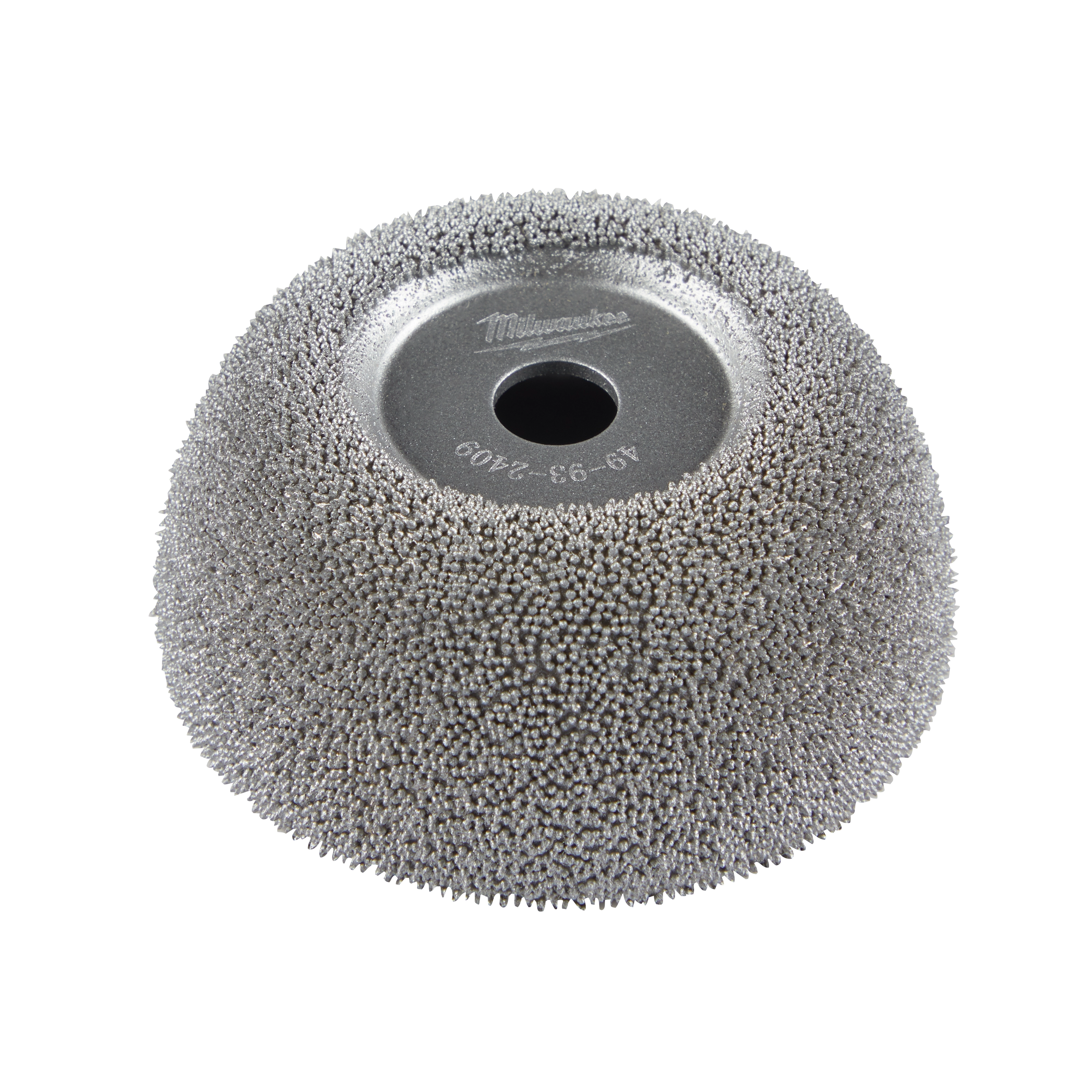2-1/2" Flared Contour Buffing Wheel features a dense array of abrasive grains forming a flared shape with a central mounting hole.