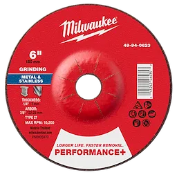 6" x 1/4" x 7/8" Performance+ Metal Grinding Wheel - Type 27 for grinding metal and stainless steel, max RPM of 10,200.