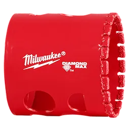 Red Milwaukee 1-3/4" DIAMOND MAX hole saw featuring serrated cutting edge and two side openings.
