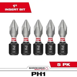 The image shows a package of five SHOCKWAVE™ 1" Impact Duty Phillips #1 Insert Bits. The bits are displayed in a row with "PH1" written on each of them, and the packaging highlights "1" INSERT BIT" and "5 PK" in red.