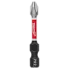 Close-up of a Milwaukee PH2 Phillips screwdriver bit with a red and white label and black hexagonal base.