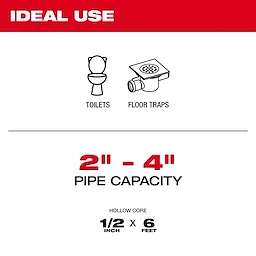 Milwaukee tool product ideal for toilets and floor traps. Suitable for pipes with 2 to 4 inches in diameter. Hollow core specifications are 1/2 inch by 6 feet.