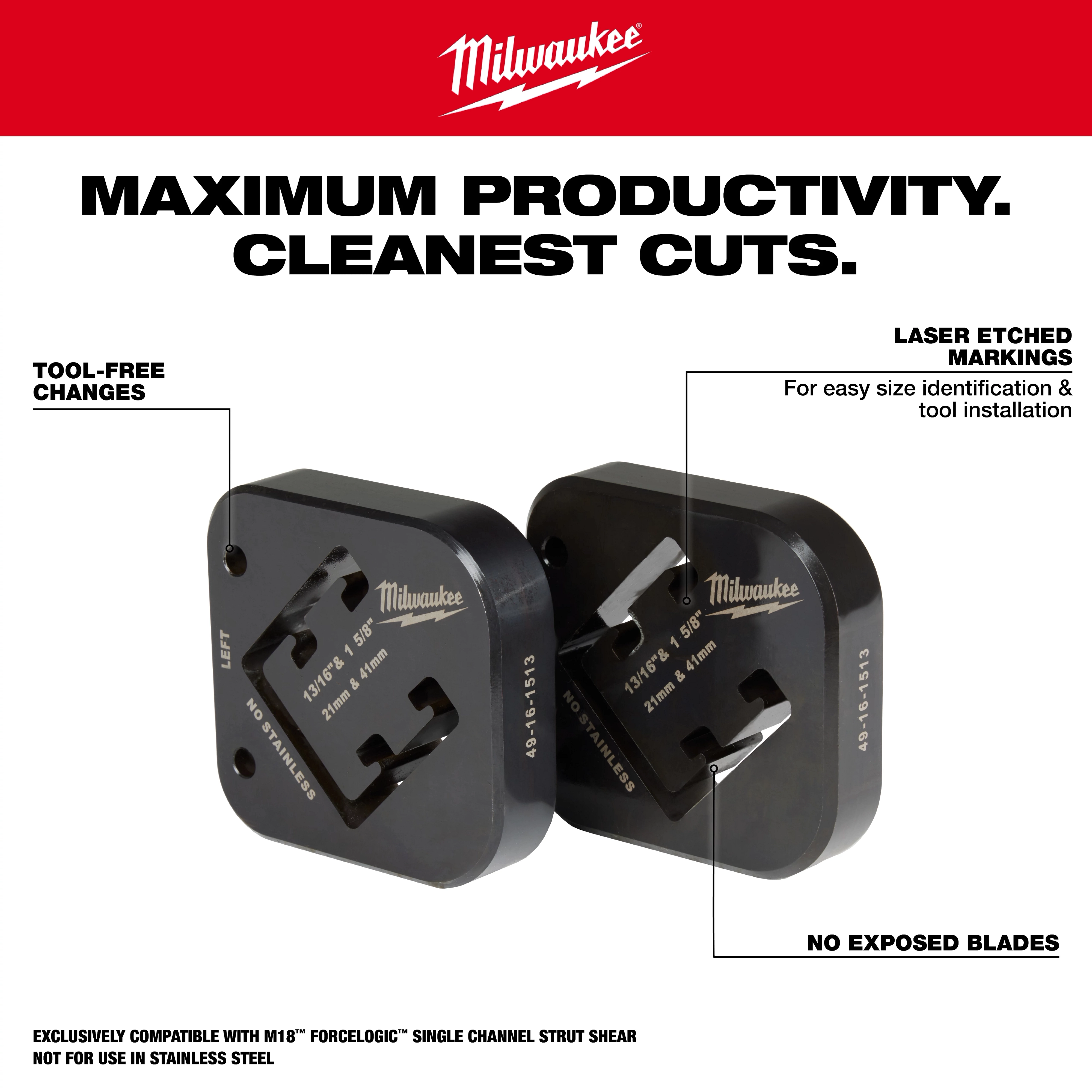 Two black 13/16" & 1-5/8" x 1-5/8" Combination Strut Shearing Dies with laser-etched markings for easy size identification.