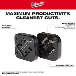 Two black 13/16" & 1-5/8" x 1-5/8" Combination Strut Shearing Dies with laser-etched markings for easy size identification.