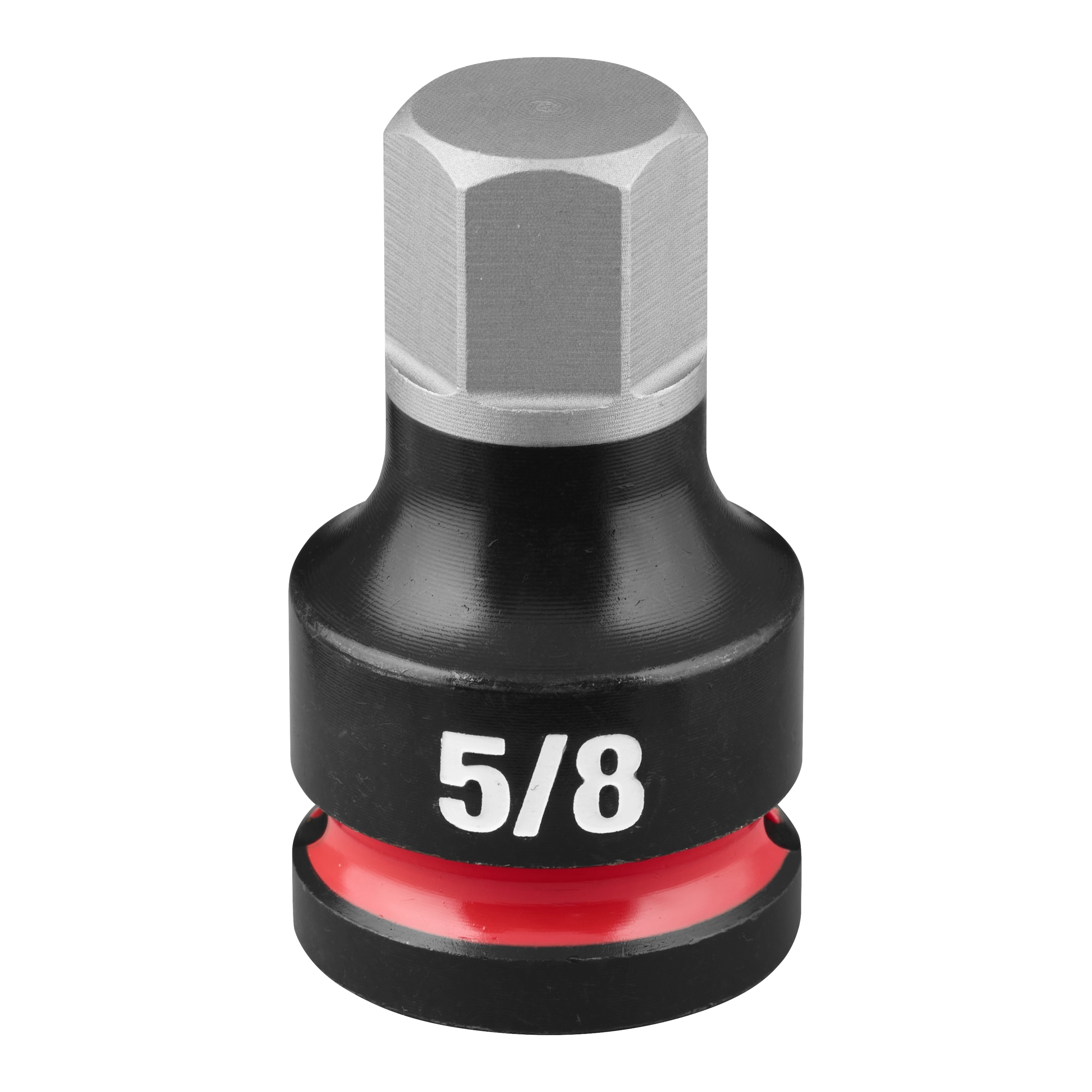 The SHOCKWAVE Impact Duty 1/2" Drive 2" Hex 5/8" Bit Socket features a hexagonal bit and a black body with a red ring near the base.