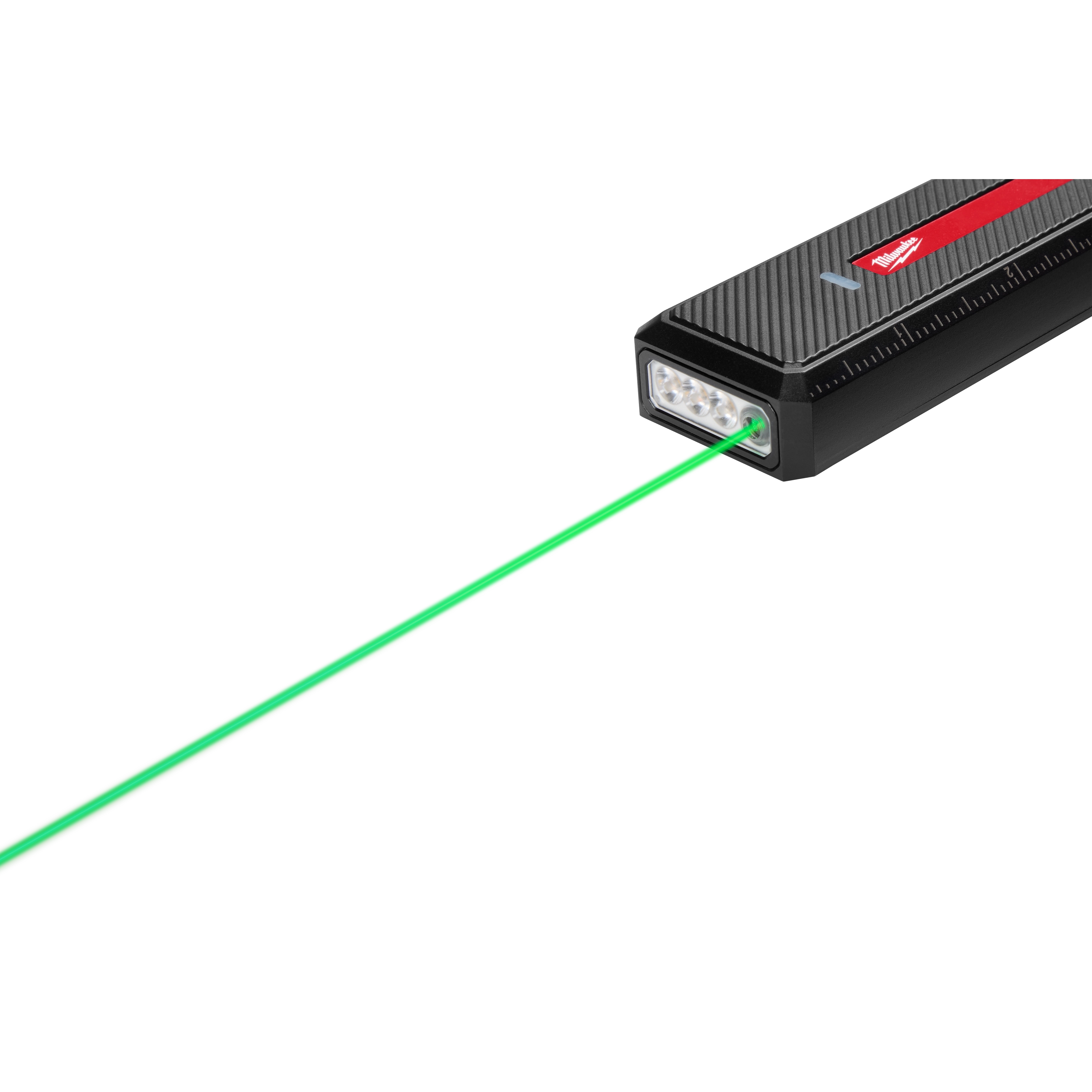 Milwaukee Rechargeable Flat Flashlight with Green Laser, black and red, emits a green laser and has a rectangular design.