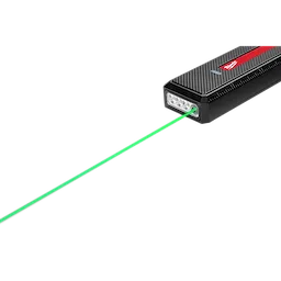 Milwaukee Rechargeable Flat Flashlight with Green Laser, black and red, emits a green laser and has a rectangular design.