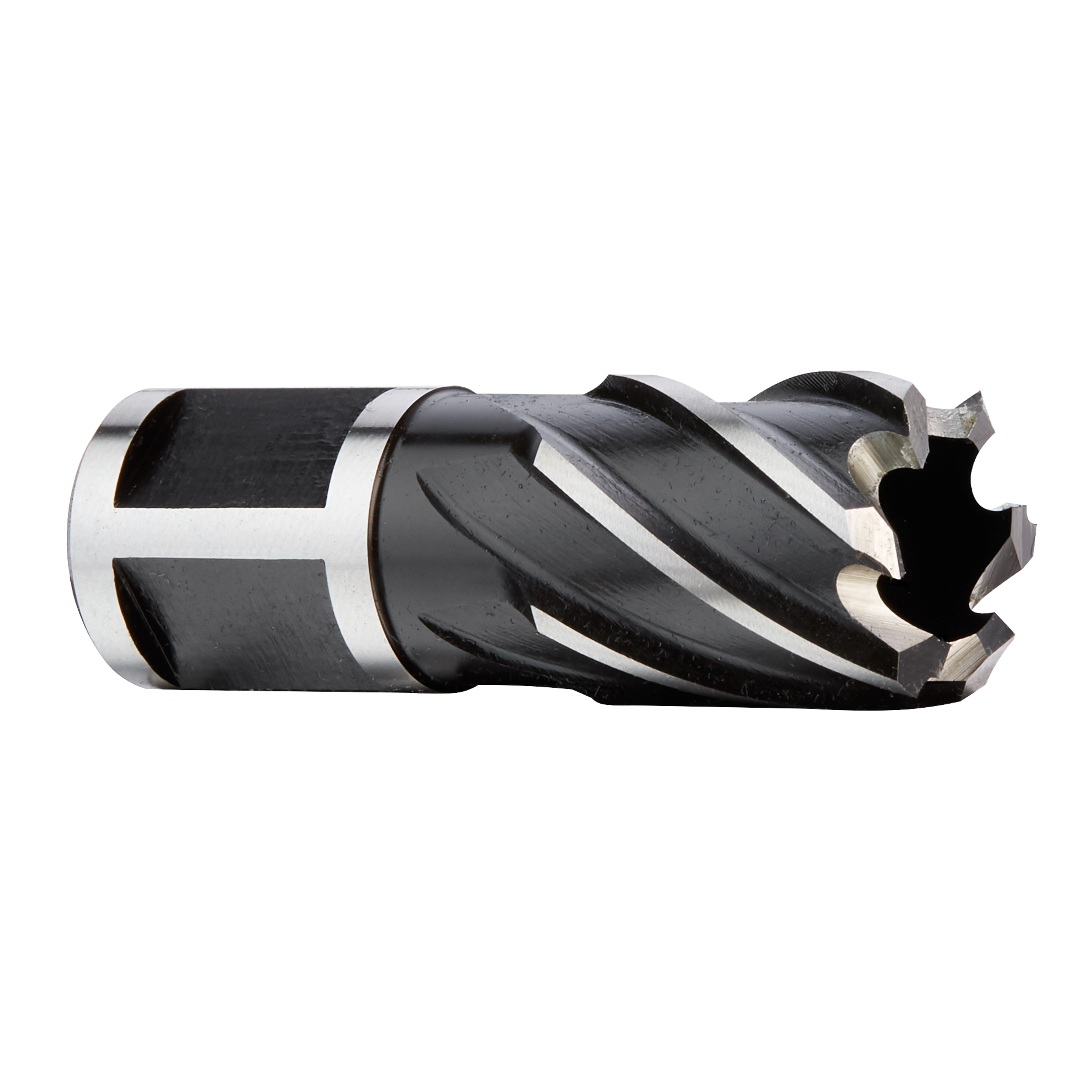13/16" Annular Cutter made of high-speed steel with a black and silver finish, featuring a hollow cylindrical design with cutting teeth.
