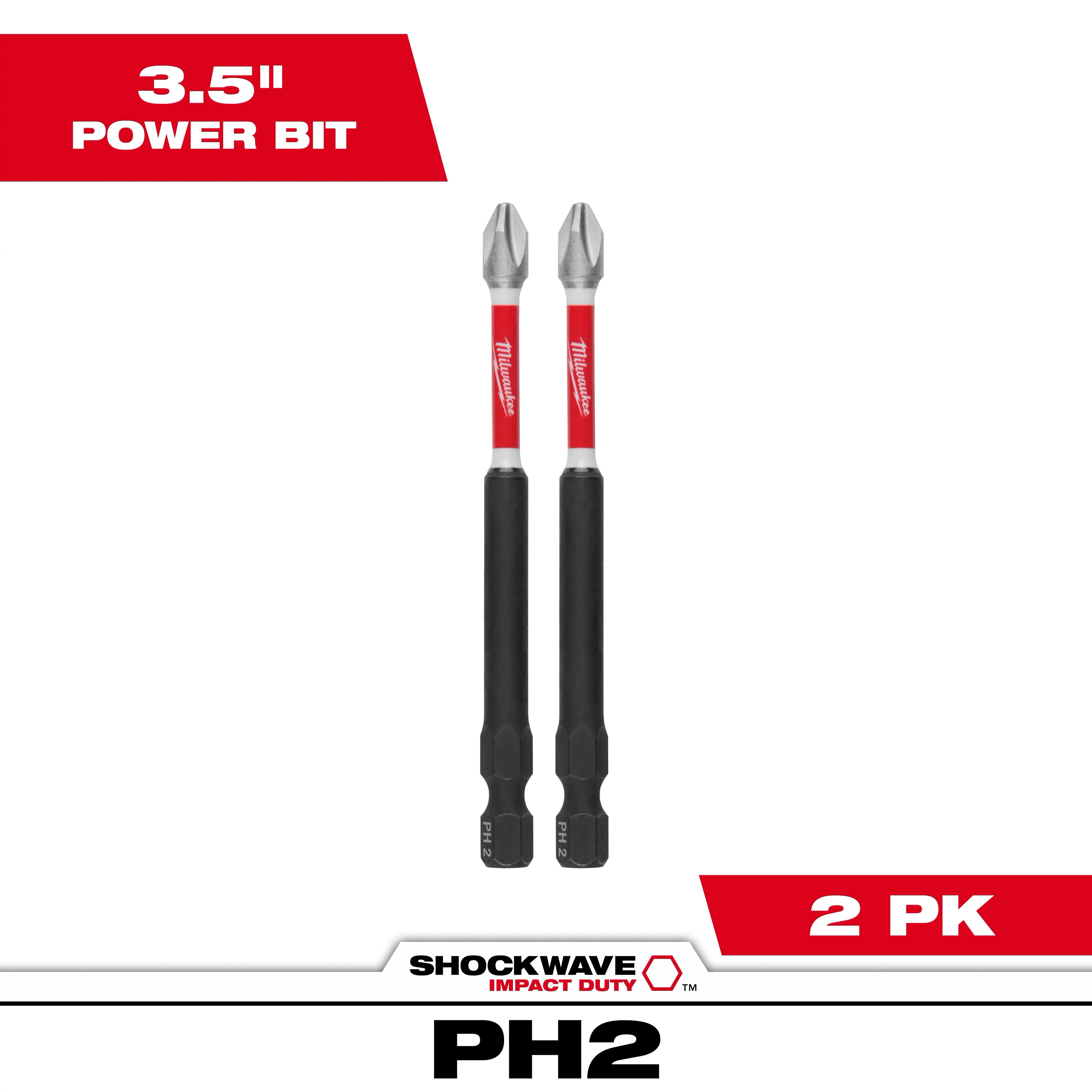 The image shows two SHOCKWAVE™ Impact Duty 3-1/2" PH2 Bits (2 PK). Each bit is 3.5 inches long with a black grip and a red logo in the middle. Text on the image highlights "3.5" Power Bit," "2 PK," and "PH2."