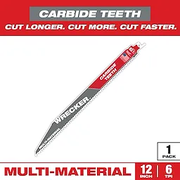 Sawzall Bi-Metal Carbide Primary Image features a 12-inch multi-material blade with carbide teeth, designed for durability and fast cutting. It is labeled "Wrecker" and has a tooth spacing of 6 TPI. The blade is packaged in a single pack and promotes cutting longer, more, and faster.