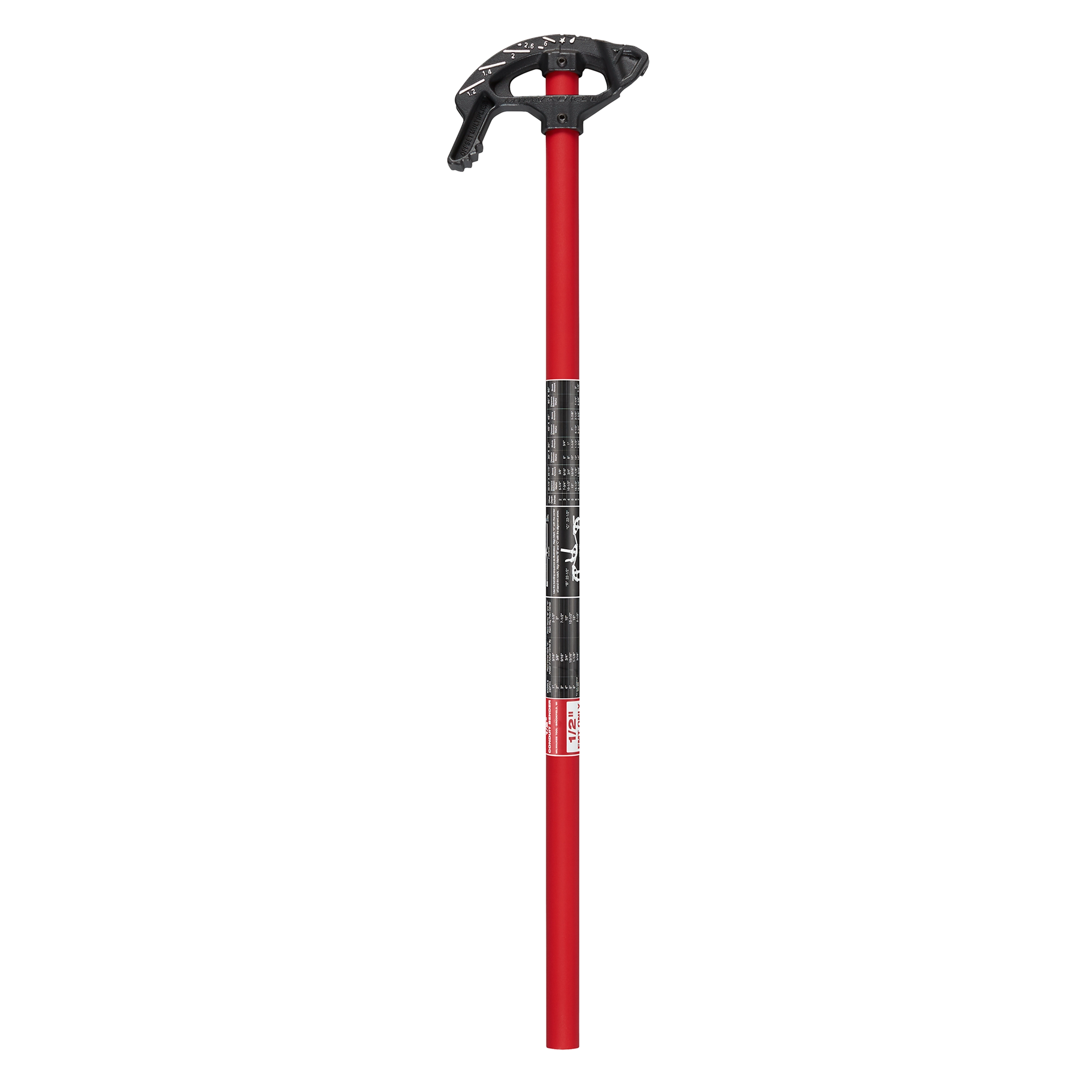 Red-handled 1/2" EMT iron conduit bender with a black head and measurement markings for precision bending.