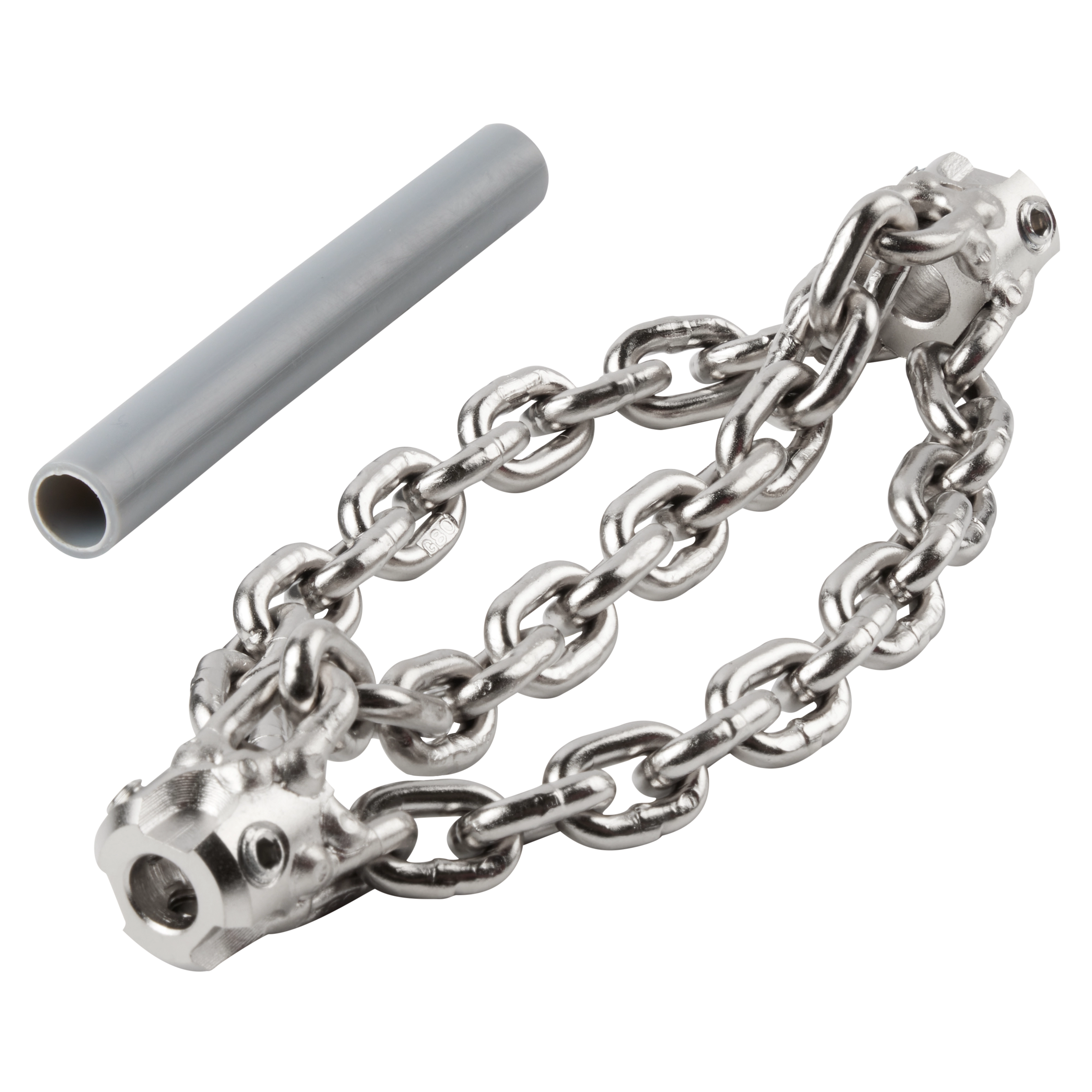 4" Standard Chain Knocker for 5/16" Chain Snake Cable, featuring a durable metal chain with spiked ends and a cylindrical gray attachment piece designed for cleaning pipes and drains efficiently.