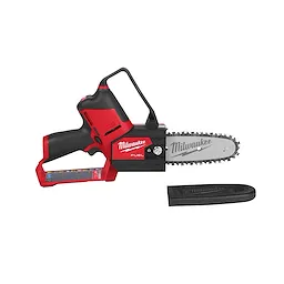 Red and black M12 FUEL HATCHET 6-inch Pruning Saw with a protective blade cover. The saw features a cordless design and ergonomic handle.