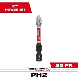 Image of a SHOCKWAVE™ 2" Power Bit Phillips #2 shown individually, with text indicating "2" Power Bit," "25 PK," and "Impact Duty PH2." The bit features a red and black coloration with the Milwaukee brand logo in red on a white background.
