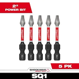 The image shows a pack of five SHOCKWAVE™ 2" Impact Square Recess #1 Power Bits. Each bit has a black base marked "SQ 1" and a red Milwaukee branded shaft. The packaging highlights the product features with bold red and white text.