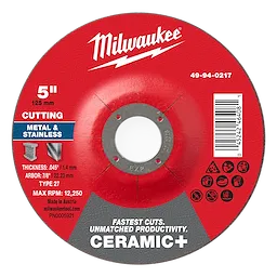 Round red 5" x .045" x 7/8" Ceramic+ Metal Cut Off Wheel - Type 27 for cutting metal and stainless, with a maximum RPM of 12,250.