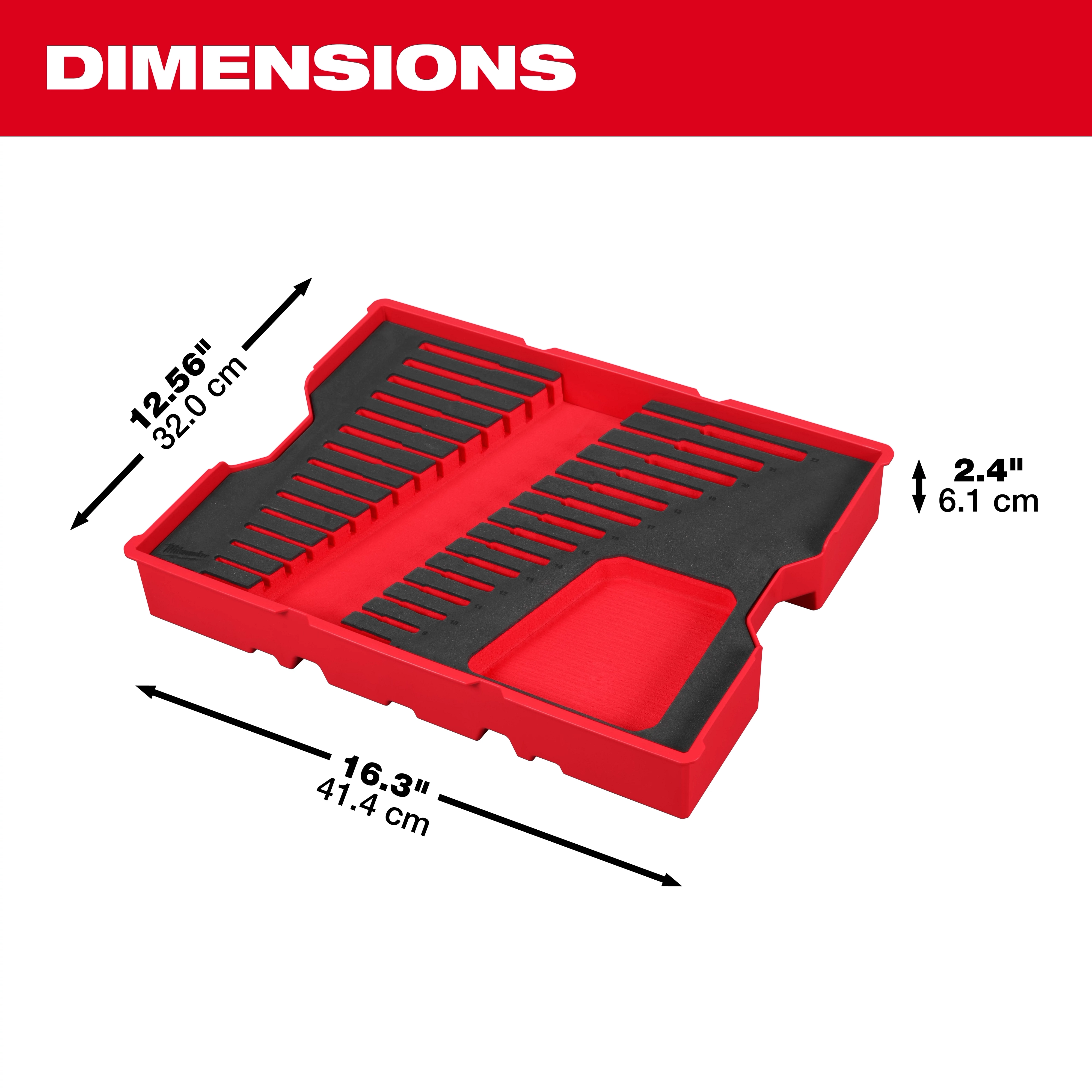 Bare Tray for 15-piece Metric Ratcheting Combination Wrench Set for PACKOUT™ Drawers is shown. The tray is red and black with slots for wrenches. Dimensions are 16.3 inches by 12.56 inches with a height of 2.4 inches, also provided in centimeters.