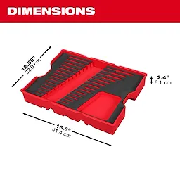 Bare Tray for 15-piece Metric Ratcheting Combination Wrench Set for PACKOUT™ Drawers is shown. The tray is red and black with slots for wrenches. Dimensions are 16.3 inches by 12.56 inches with a height of 2.4 inches, also provided in centimeters.