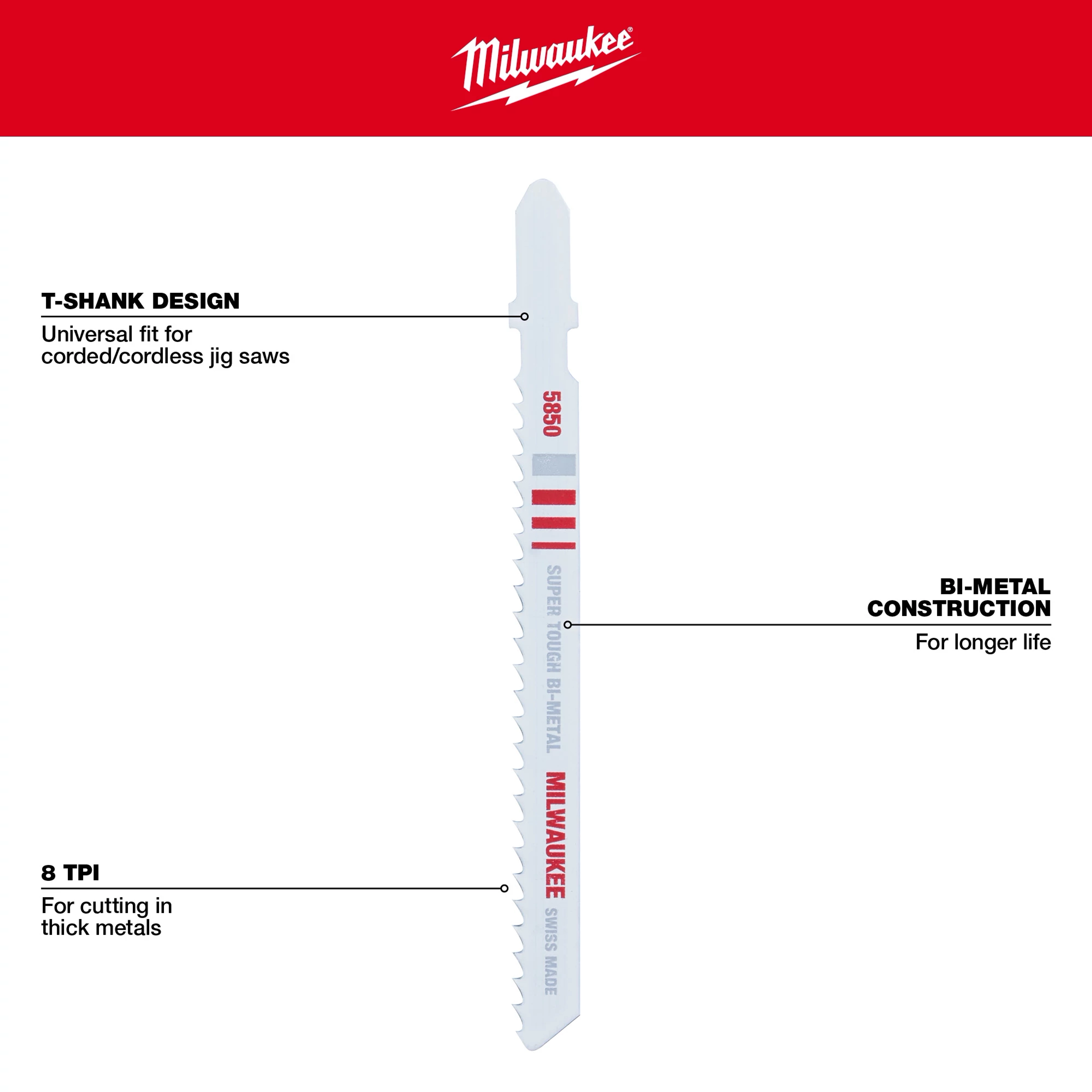 Milwaukee 4" 8TPI T-Shank Metal Cutting Bi-Metal Jig Saw Blades are designed with bi-metal construction and a universal T-shank fit.