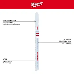 Milwaukee 4" 8TPI T-Shank Metal Cutting Bi-Metal Jig Saw Blades are designed with bi-metal construction and a universal T-shank fit.