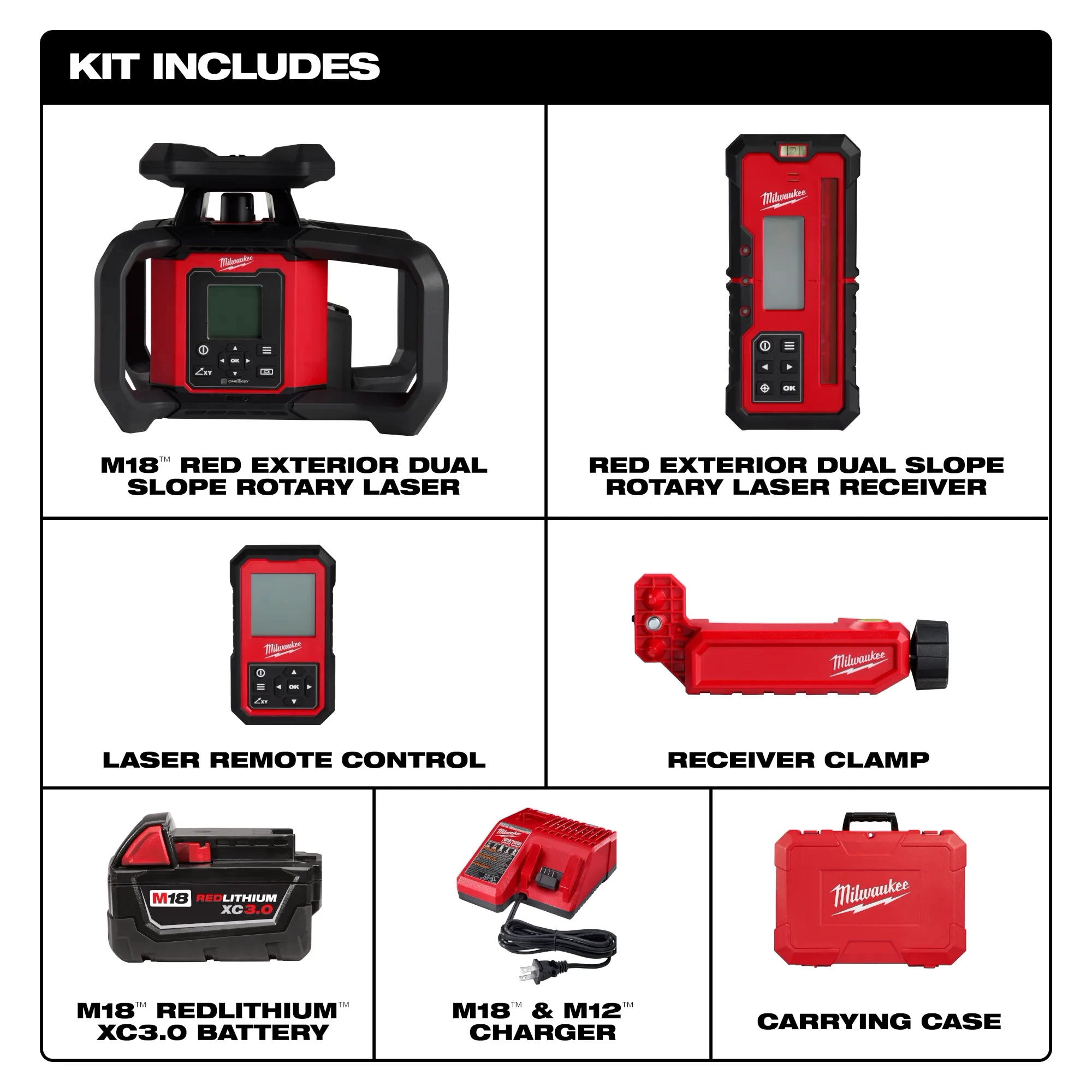 Includes a red exterior dual slope rotary laser, receiver, laser remote, receiver clamp, XC3.0 battery, charger, and carrying case