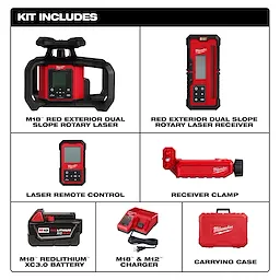 Includes a red exterior dual slope rotary laser, receiver, laser remote, receiver clamp, XC3.0 battery, charger, and carrying case