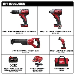 The M18 Cordless LITHIUM-ION 4-Tool Combo Kit includes a 1/2" hammer drill/driver, 1/4" hex impact driver, Sawzall reciprocating saw, LED work light, two batteries, a charger, and a contractor bag.