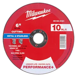 Performance+ 6" x .045" x 7/8" Type 1 Metal Cut Off Wheel for metal and stainless steel cutting. Pack of 10.