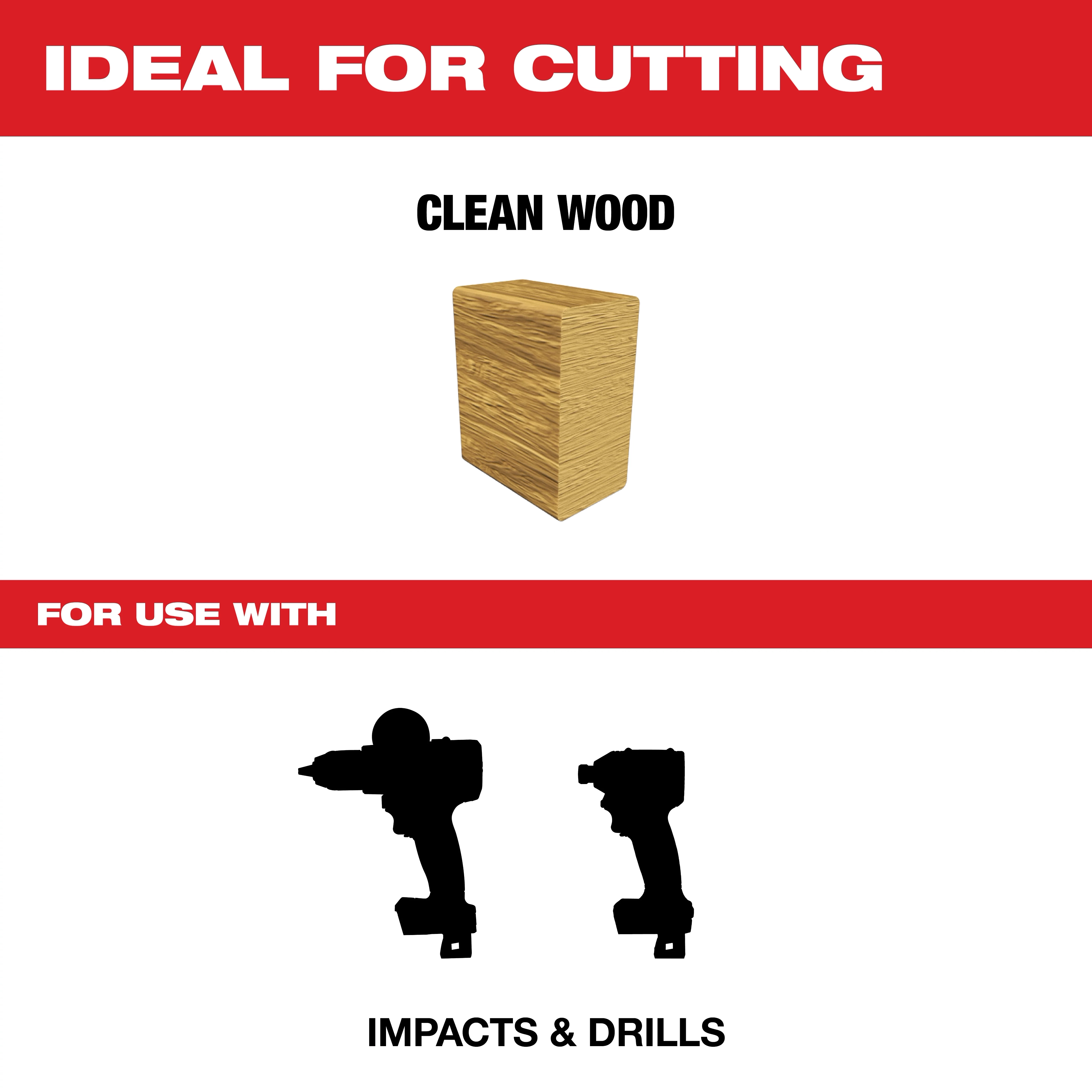 Diablo cutting tools are ideal for cutting clean wood and designed for use with impacts and drills. The image features a wood block and silhouettes of impact drivers and drills.