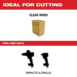 Diablo cutting tools are ideal for cutting clean wood and designed for use with impacts and drills. The image features a wood block and silhouettes of impact drivers and drills.