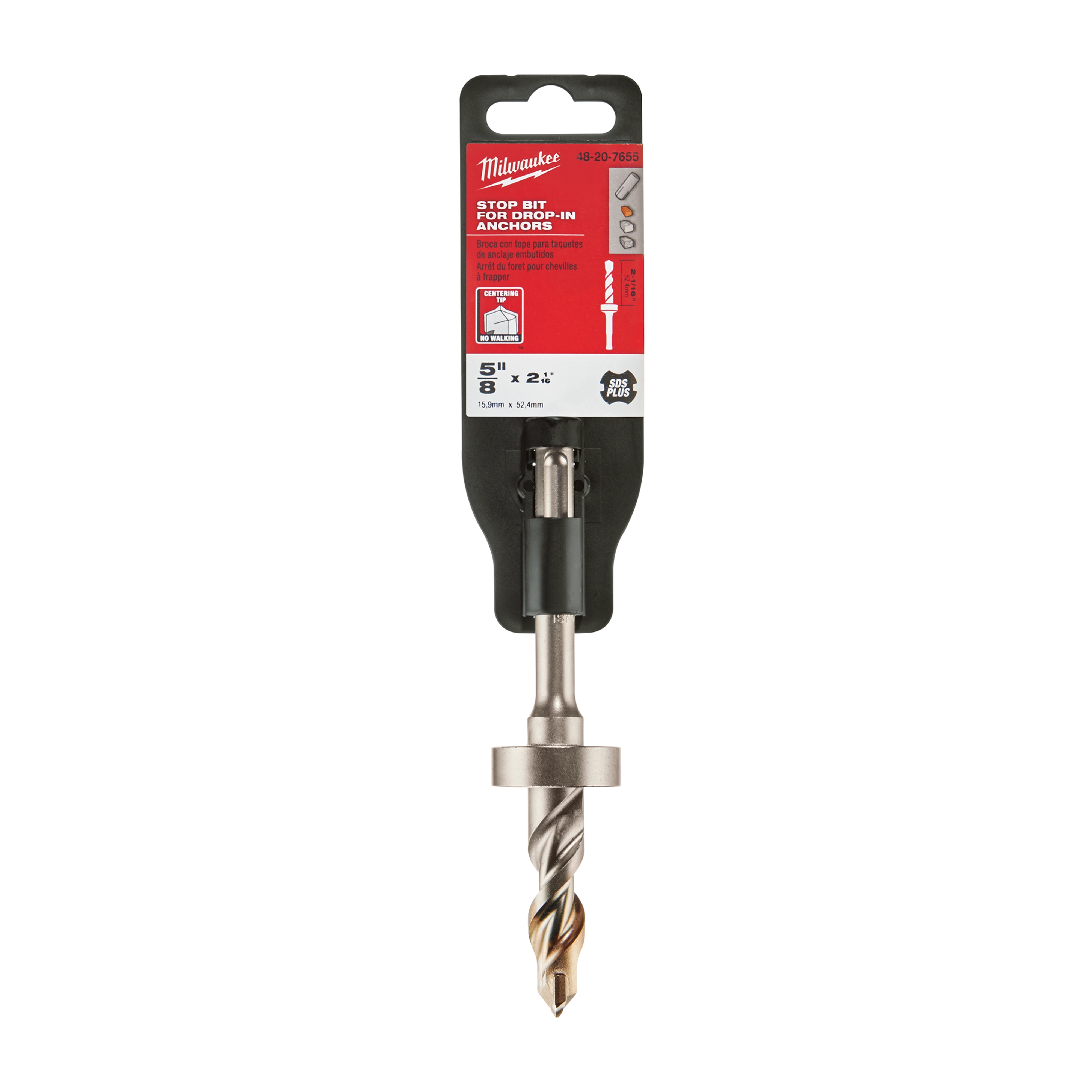5/8" X 2-1/16" STOP BIT SDS-PLUS packaged drill bit with red and black labeling. Suitable for concrete use.
