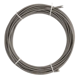 A coiled metal drain snake cable used for plumbing, labeled "for web use only," coiled and secured with white ties.