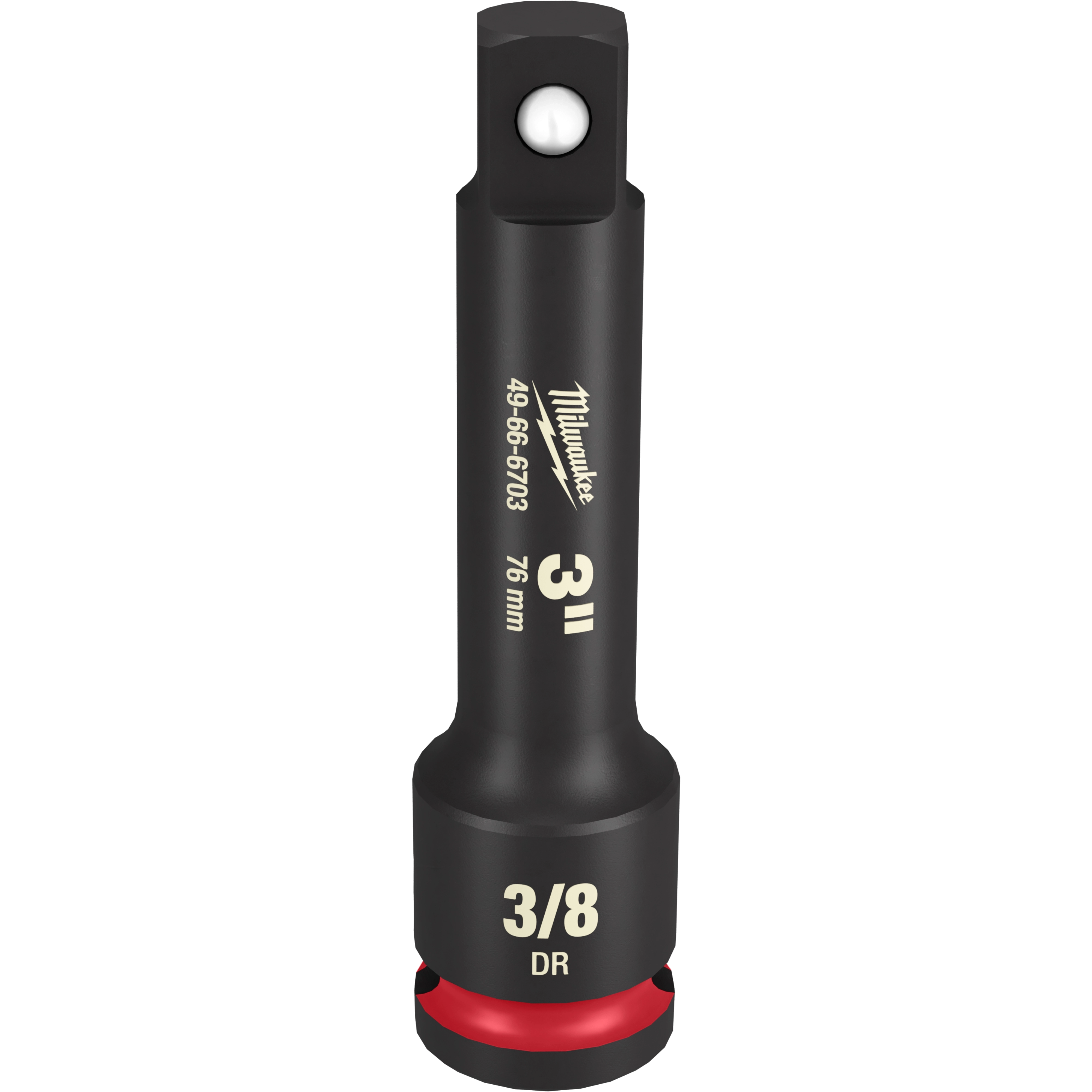 The 3/8" DR 3" IMPACT EXTENSION is a black metal extension tool designed for impact drivers. It features a 3-inch length, 3/8-inch drive size, and a red ring near the base. The item number 49-66-6703 and the brand logo are printed on it.