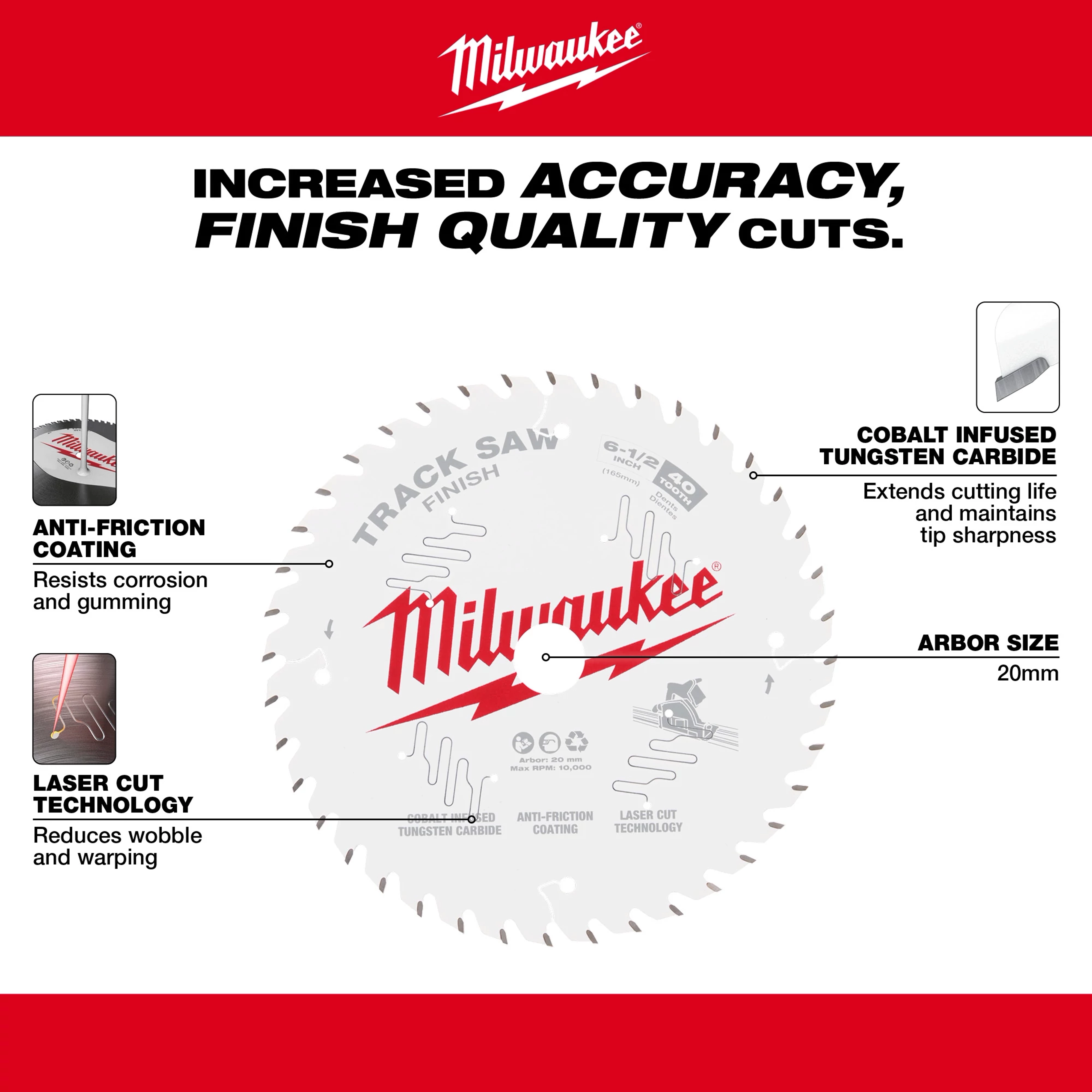 Milwaukee 48-40-0625 Finish Track Saw Blade with anti-friction coating, cobalt-infused tungsten carbide, and laser-cut technology. Arbor size: 20mm.