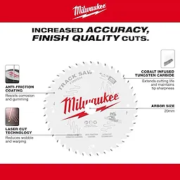 Milwaukee 48-40-0625 Finish Track Saw Blade with anti-friction coating, cobalt-infused tungsten carbide, and laser-cut technology. Arbor size: 20mm.