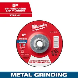 Milwaukee 5"x 1/4" x 5/8"-11 Performance+ Metal Grinding Wheel Type 27 for metal and stainless steel grinding, red disc.