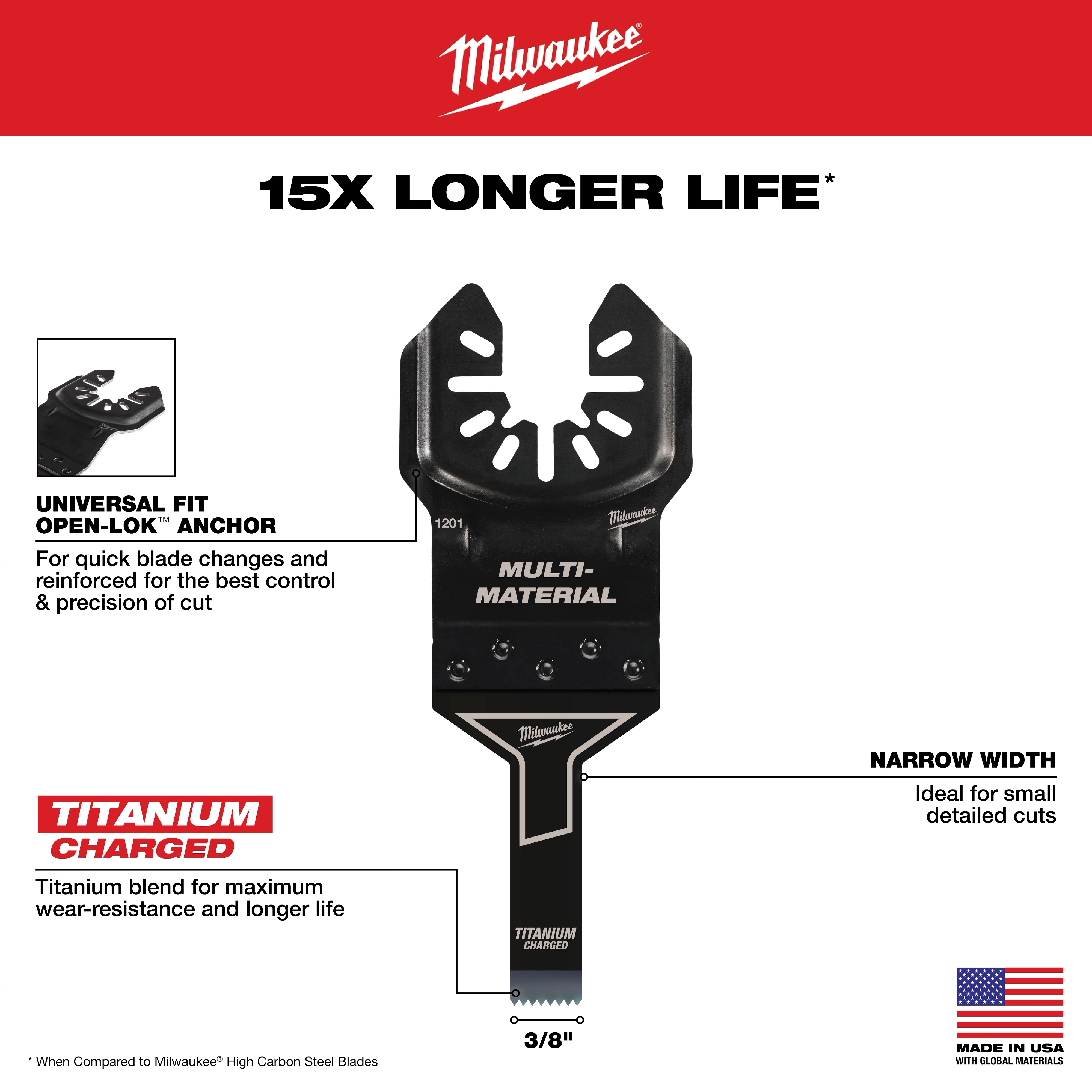 Milwaukee Open-Lok 3/8" Titanium Charged Bi-Metal Multi-Material Multi-Tool Blade with 15x longer life, universal fit, and narrow width.