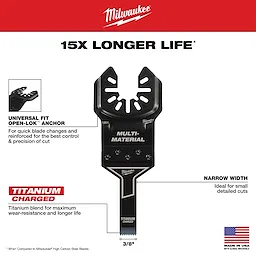 Milwaukee Open-Lok 3/8" Titanium Charged Bi-Metal Multi-Material Multi-Tool Blade with 15x longer life, universal fit, and narrow width.