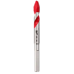 The 3/8" Hard Tile and Glass Bit is a metallic drill bit with a red, dual-spiral flute design for drilling into hard materials like glass and tile. It features a precision-ground carbide tip and an optimized flute length for drilling speed and durability.